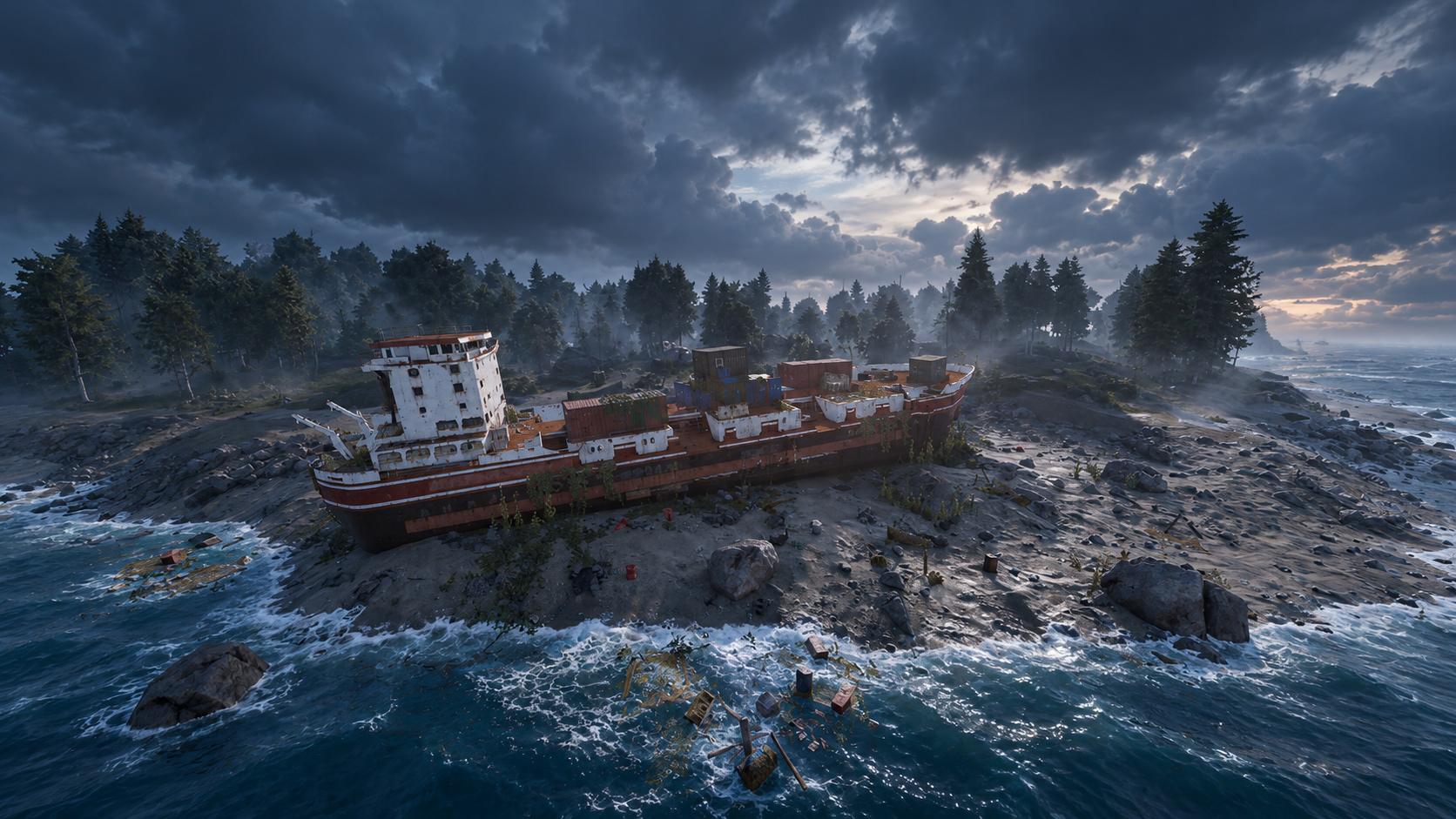 A rusted cargo ship beached on a small island.
