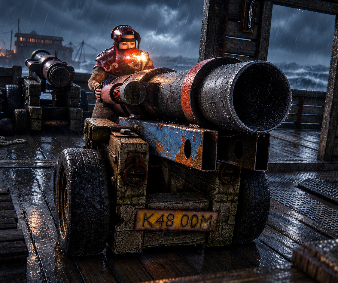 A player lighting a naval cannon on a wet deck in the rain.