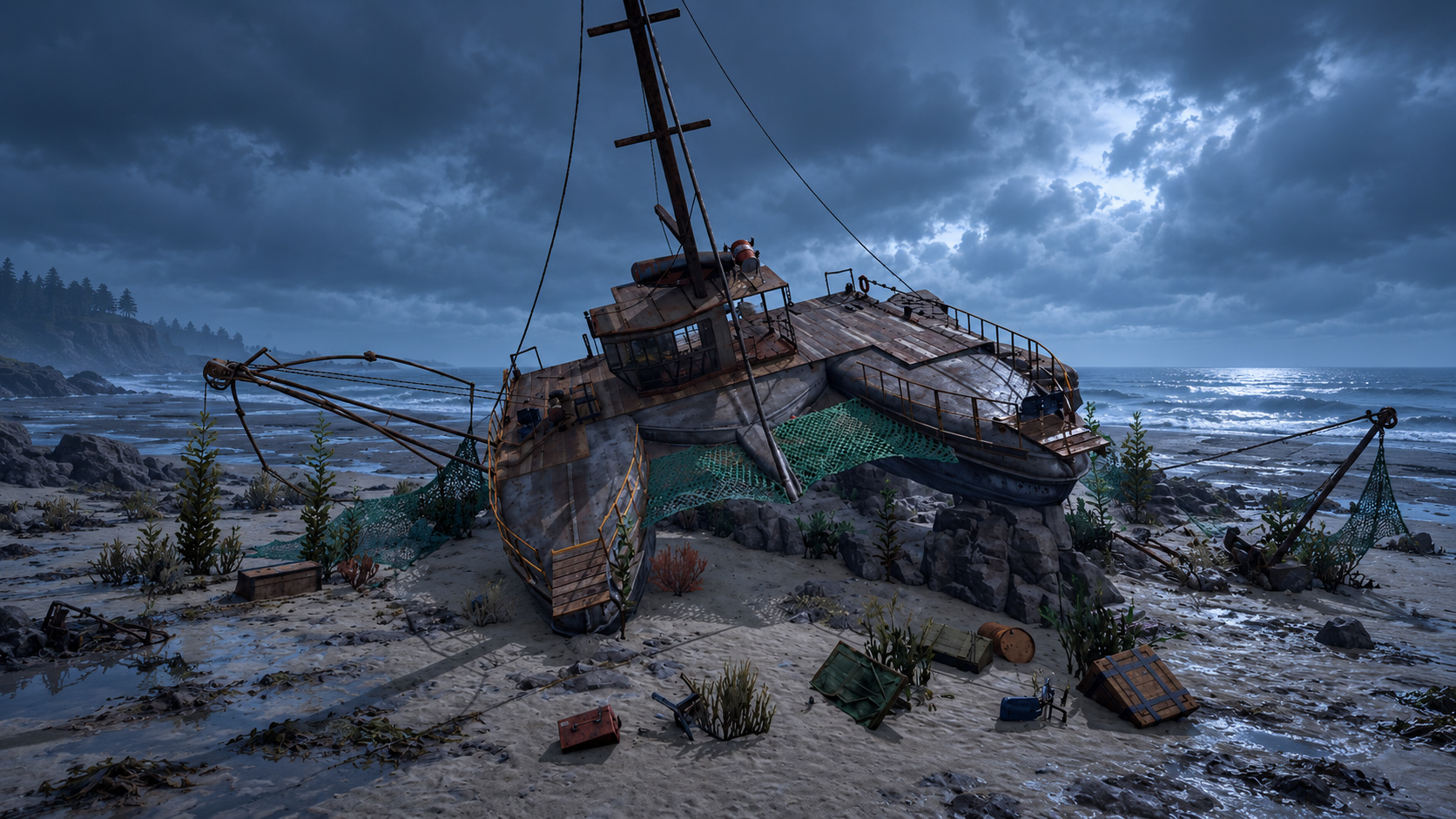 A wrecked fishing boat pulled up on the sand.